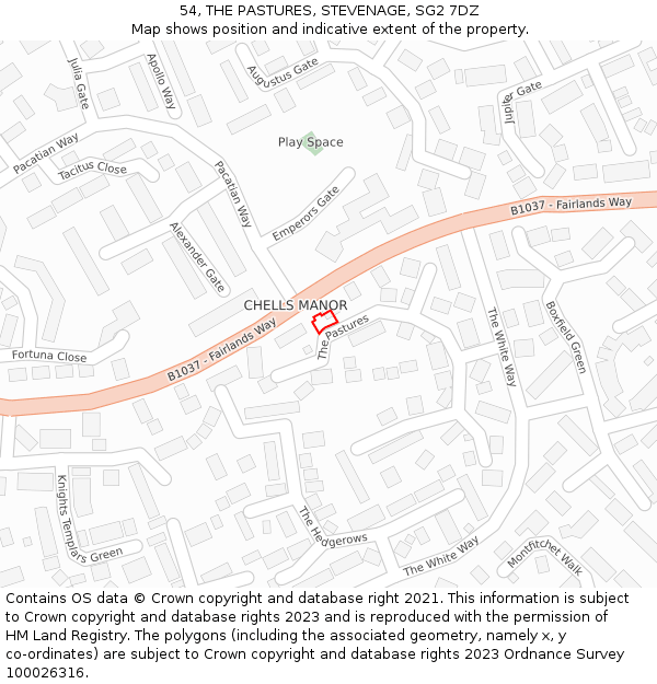 54, THE PASTURES, STEVENAGE, SG2 7DZ: Location map and indicative extent of plot