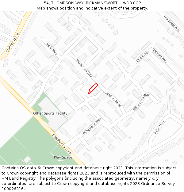 54, THOMPSON WAY, RICKMANSWORTH, WD3 8GP: Location map and indicative extent of plot