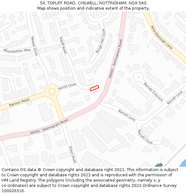 54, TOPLIFF ROAD, CHILWELL, NOTTINGHAM, NG9 5AS: Location map and indicative extent of plot