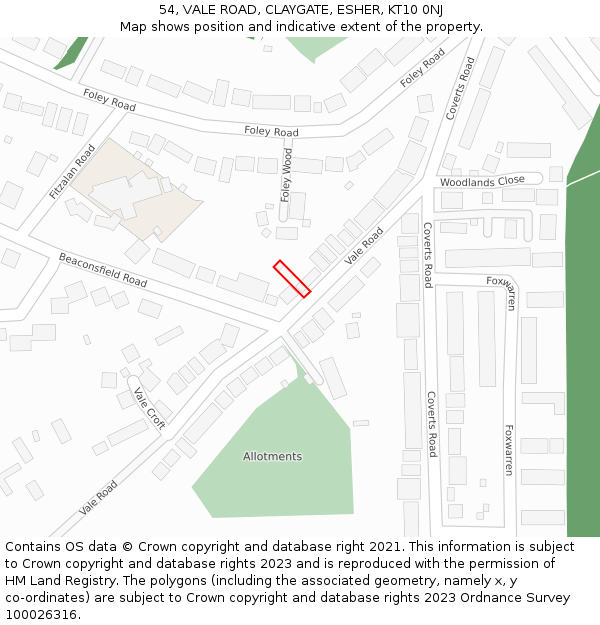 54, VALE ROAD, CLAYGATE, ESHER, KT10 0NJ: Location map and indicative extent of plot