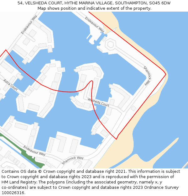54, VELSHEDA COURT, HYTHE MARINA VILLAGE, SOUTHAMPTON, SO45 6DW: Location map and indicative extent of plot