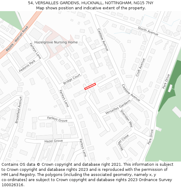 54, VERSAILLES GARDENS, HUCKNALL, NOTTINGHAM, NG15 7NY: Location map and indicative extent of plot