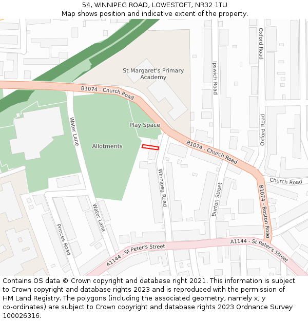 54, WINNIPEG ROAD, LOWESTOFT, NR32 1TU: Location map and indicative extent of plot
