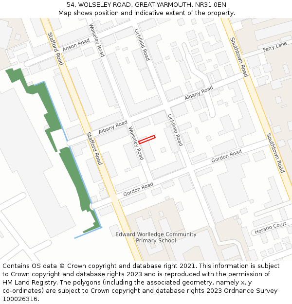 54, WOLSELEY ROAD, GREAT YARMOUTH, NR31 0EN: Location map and indicative extent of plot