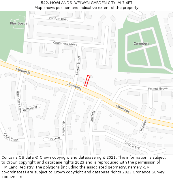 542, HOWLANDS, WELWYN GARDEN CITY, AL7 4ET: Location map and indicative extent of plot