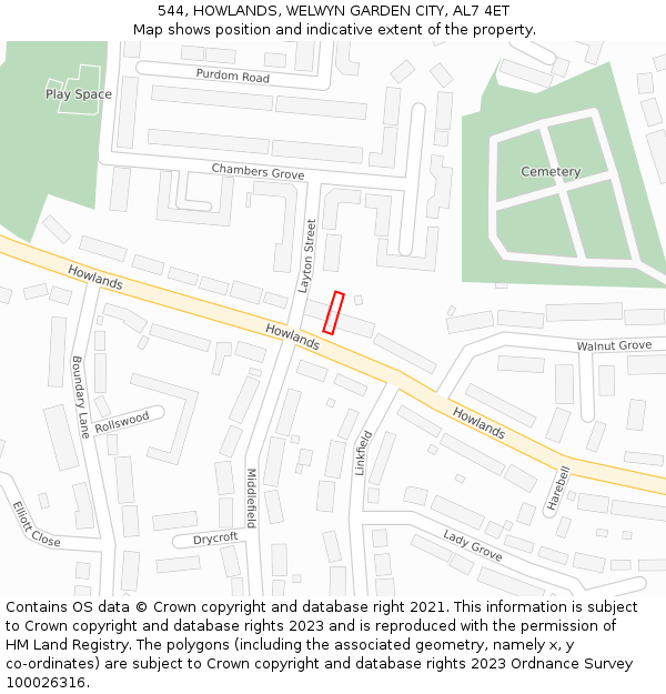 544, HOWLANDS, WELWYN GARDEN CITY, AL7 4ET: Location map and indicative extent of plot