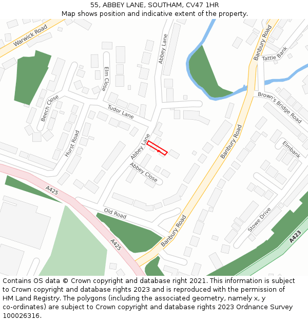 55, ABBEY LANE, SOUTHAM, CV47 1HR: Location map and indicative extent of plot