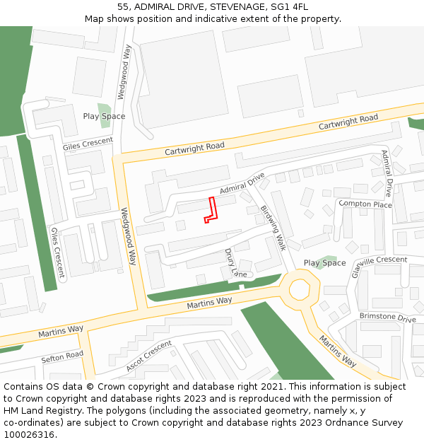 55, ADMIRAL DRIVE, STEVENAGE, SG1 4FL: Location map and indicative extent of plot