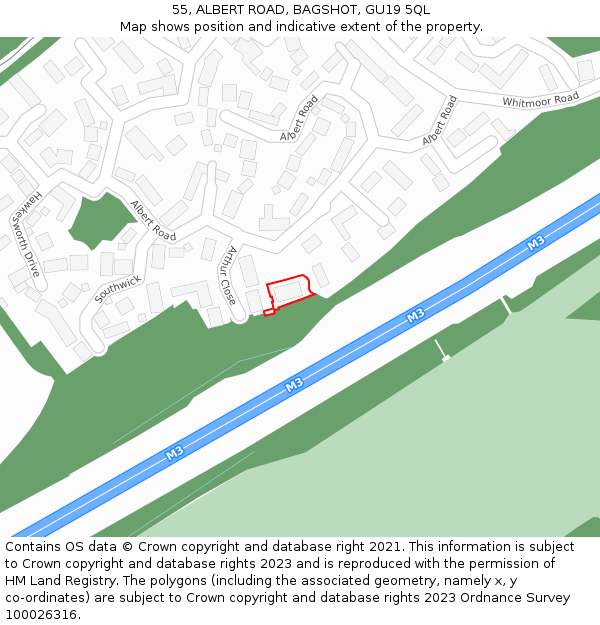 55, ALBERT ROAD, BAGSHOT, GU19 5QL: Location map and indicative extent of plot