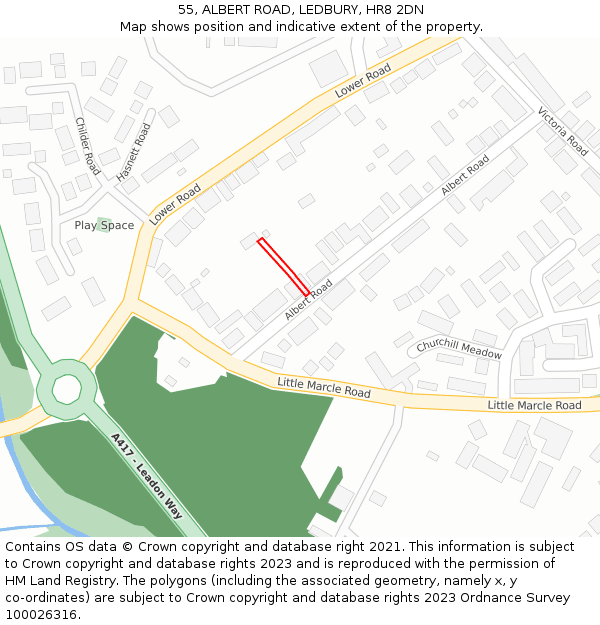 55, ALBERT ROAD, LEDBURY, HR8 2DN: Location map and indicative extent of plot