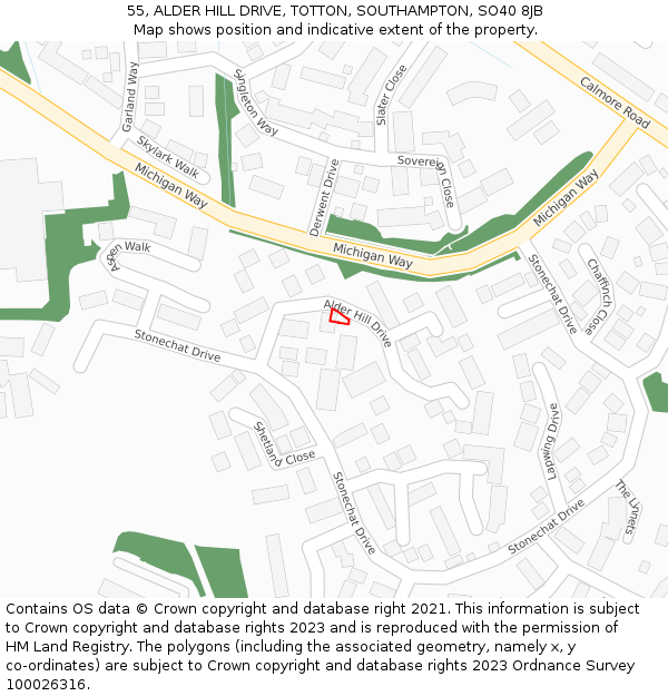 55, ALDER HILL DRIVE, TOTTON, SOUTHAMPTON, SO40 8JB: Location map and indicative extent of plot