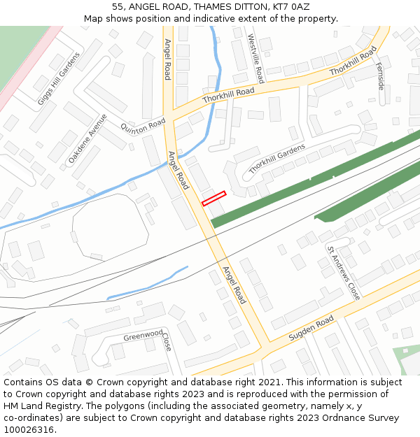 55, ANGEL ROAD, THAMES DITTON, KT7 0AZ: Location map and indicative extent of plot