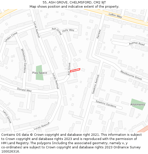 55, ASH GROVE, CHELMSFORD, CM2 9JT: Location map and indicative extent of plot