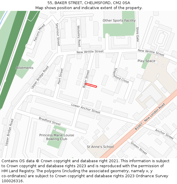 55, BAKER STREET, CHELMSFORD, CM2 0SA: Location map and indicative extent of plot