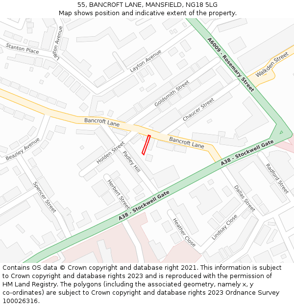 55, BANCROFT LANE, MANSFIELD, NG18 5LG: Location map and indicative extent of plot