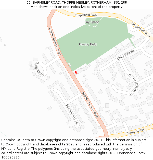 55, BARNSLEY ROAD, THORPE HESLEY, ROTHERHAM, S61 2RR: Location map and indicative extent of plot