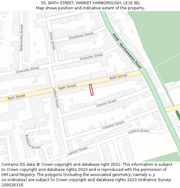 55, BATH STREET, MARKET HARBOROUGH, LE16 9EJ: Location map and indicative extent of plot