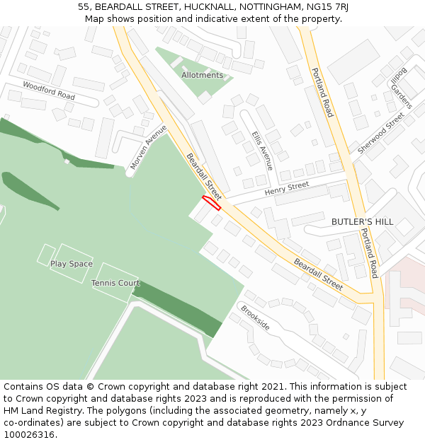 55, BEARDALL STREET, HUCKNALL, NOTTINGHAM, NG15 7RJ: Location map and indicative extent of plot