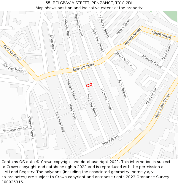 55, BELGRAVIA STREET, PENZANCE, TR18 2BL: Location map and indicative extent of plot