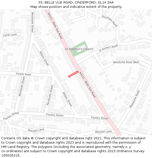 55, BELLE VUE ROAD, CINDERFORD, GL14 2AA: Location map and indicative extent of plot