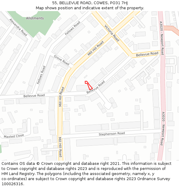 55, BELLEVUE ROAD, COWES, PO31 7HJ: Location map and indicative extent of plot