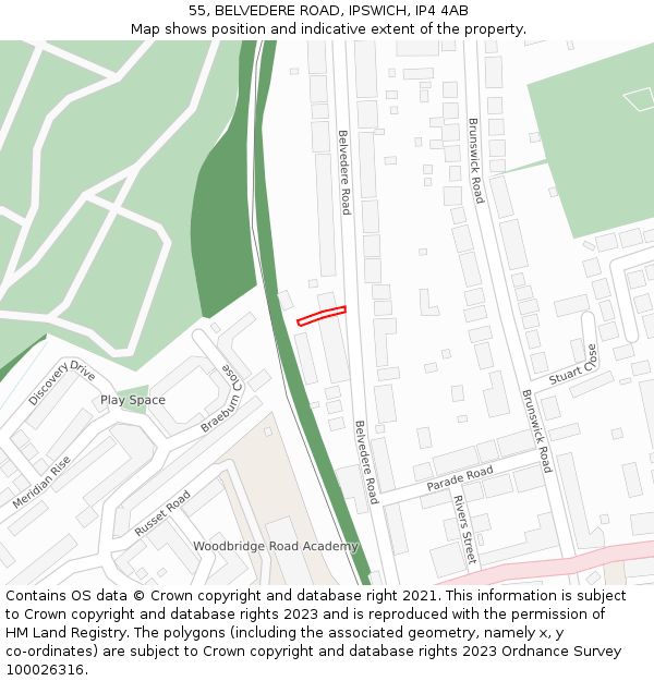 55, BELVEDERE ROAD, IPSWICH, IP4 4AB: Location map and indicative extent of plot