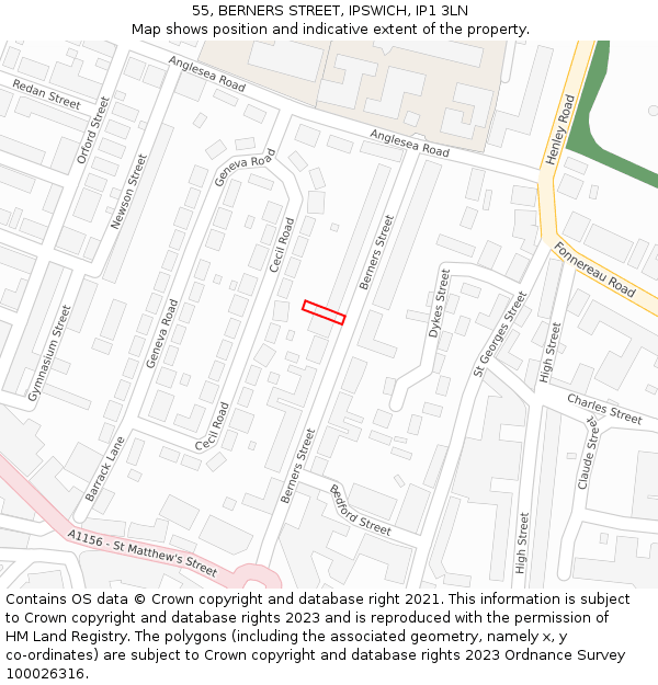 55, BERNERS STREET, IPSWICH, IP1 3LN: Location map and indicative extent of plot