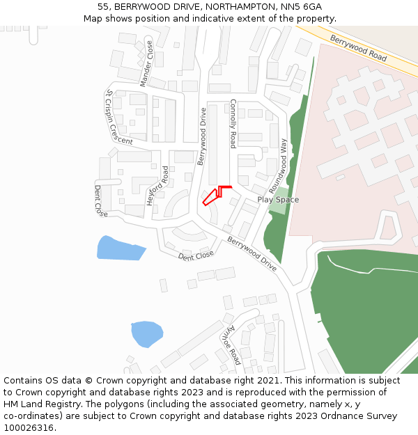 55, BERRYWOOD DRIVE, NORTHAMPTON, NN5 6GA: Location map and indicative extent of plot