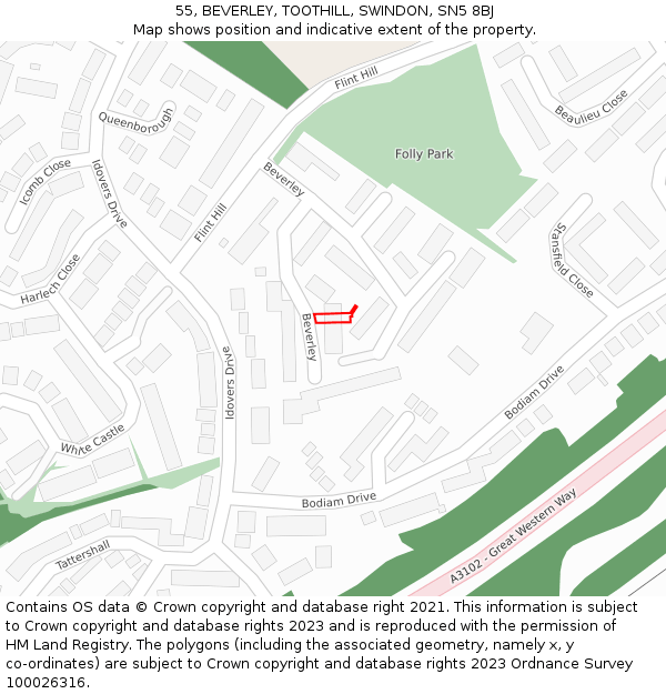 55, BEVERLEY, TOOTHILL, SWINDON, SN5 8BJ: Location map and indicative extent of plot