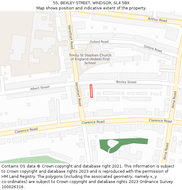 55, BEXLEY STREET, WINDSOR, SL4 5BX: Location map and indicative extent of plot