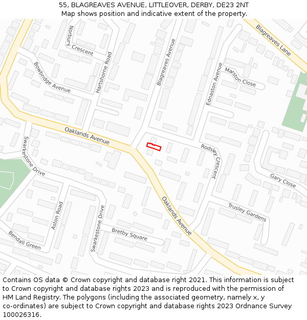 55, BLAGREAVES AVENUE, LITTLEOVER, DERBY, DE23 2NT: Location map and indicative extent of plot