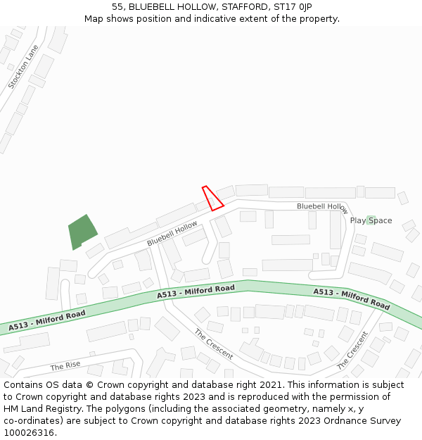 55, BLUEBELL HOLLOW, STAFFORD, ST17 0JP: Location map and indicative extent of plot