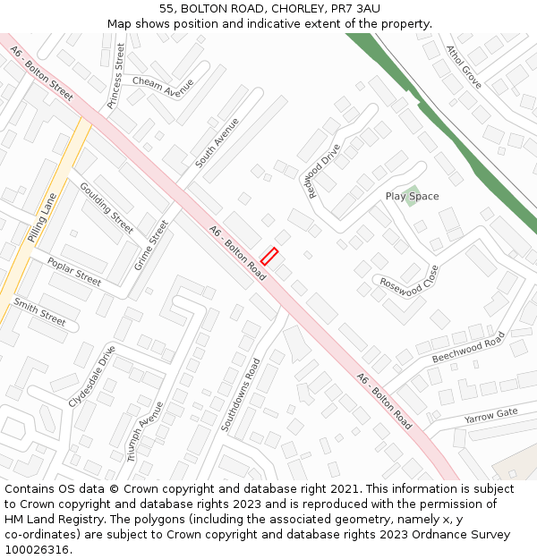 55, BOLTON ROAD, CHORLEY, PR7 3AU: Location map and indicative extent of plot