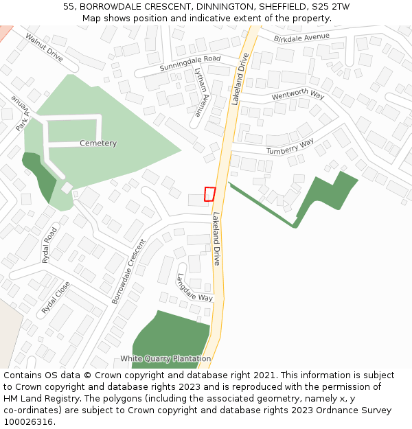 55, BORROWDALE CRESCENT, DINNINGTON, SHEFFIELD, S25 2TW: Location map and indicative extent of plot