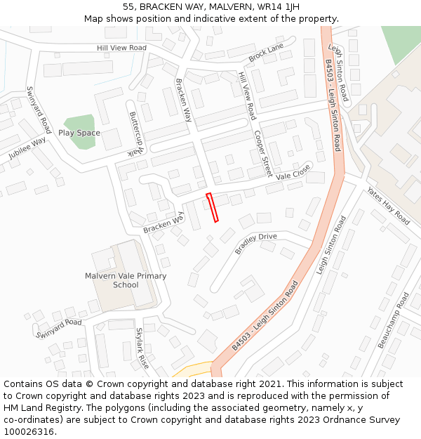 55, BRACKEN WAY, MALVERN, WR14 1JH: Location map and indicative extent of plot