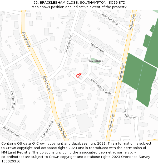 55, BRACKLESHAM CLOSE, SOUTHAMPTON, SO19 8TD: Location map and indicative extent of plot