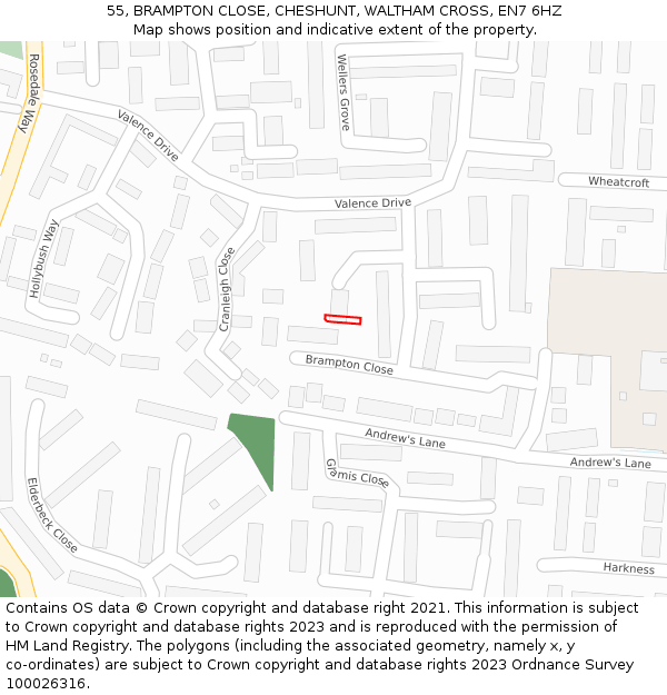 55, BRAMPTON CLOSE, CHESHUNT, WALTHAM CROSS, EN7 6HZ: Location map and indicative extent of plot