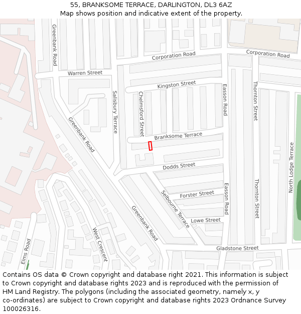 55, BRANKSOME TERRACE, DARLINGTON, DL3 6AZ: Location map and indicative extent of plot