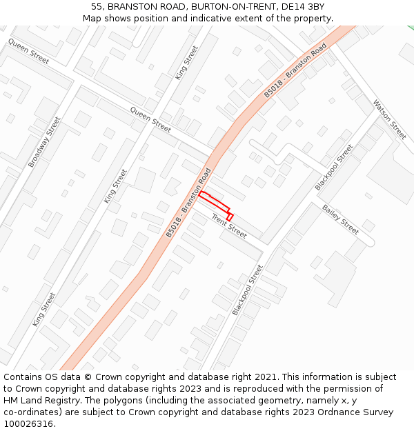 55, BRANSTON ROAD, BURTON-ON-TRENT, DE14 3BY: Location map and indicative extent of plot