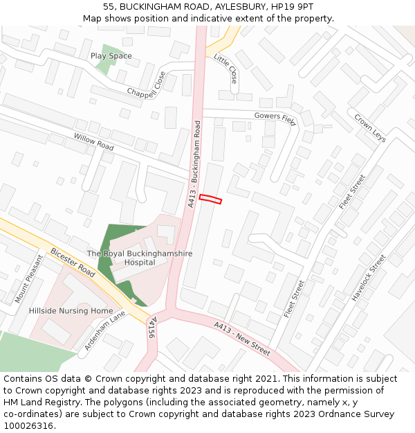 55, BUCKINGHAM ROAD, AYLESBURY, HP19 9PT: Location map and indicative extent of plot
