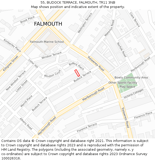 55, BUDOCK TERRACE, FALMOUTH, TR11 3NB: Location map and indicative extent of plot