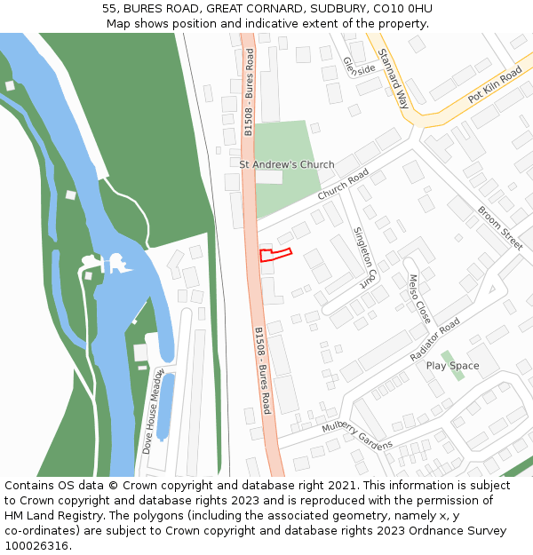 55, BURES ROAD, GREAT CORNARD, SUDBURY, CO10 0HU: Location map and indicative extent of plot