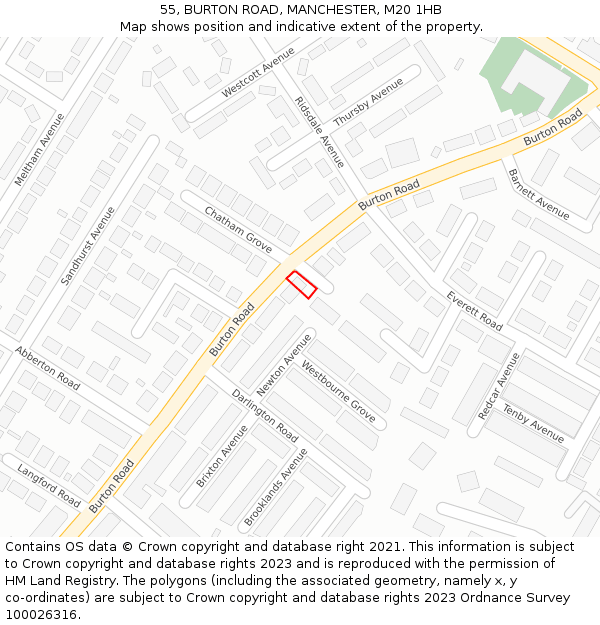 55, BURTON ROAD, MANCHESTER, M20 1HB: Location map and indicative extent of plot