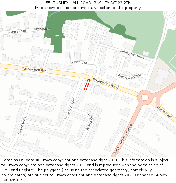55, BUSHEY HALL ROAD, BUSHEY, WD23 2EN: Location map and indicative extent of plot