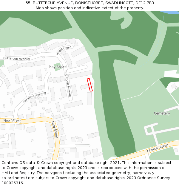 55, BUTTERCUP AVENUE, DONISTHORPE, SWADLINCOTE, DE12 7RR: Location map and indicative extent of plot