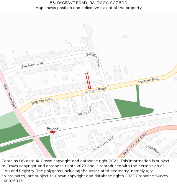 55, BYGRAVE ROAD, BALDOCK, SG7 5DD: Location map and indicative extent of plot