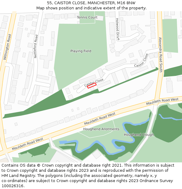 55, CAISTOR CLOSE, MANCHESTER, M16 8NW: Location map and indicative extent of plot