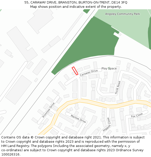 55, CARAWAY DRIVE, BRANSTON, BURTON-ON-TRENT, DE14 3FQ: Location map and indicative extent of plot