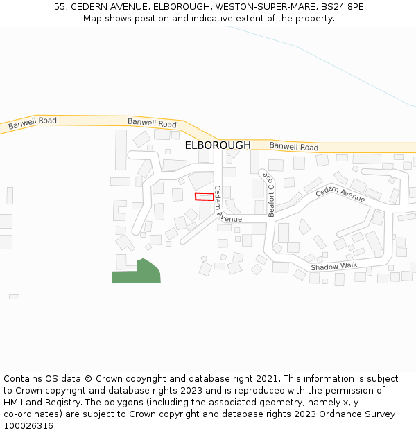 55, CEDERN AVENUE, ELBOROUGH, WESTON-SUPER-MARE, BS24 8PE: Location map and indicative extent of plot