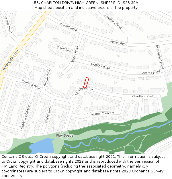 55, CHARLTON DRIVE, HIGH GREEN, SHEFFIELD, S35 3PA: Location map and indicative extent of plot